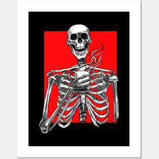 Halloween skeleton drinking coffee red Posters and Art